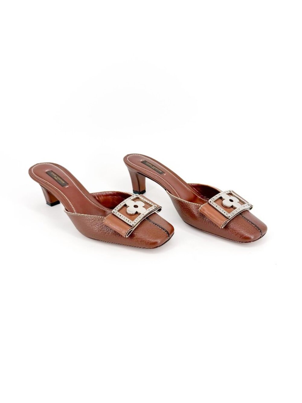 Louis Vuitton Vintage Flower Logo Mule Heels Shoe Size 37.5 US 7.5 Brown Leather